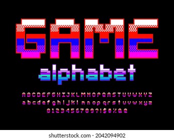 pixel style font with uppercase, lowercase, numbers and symbol