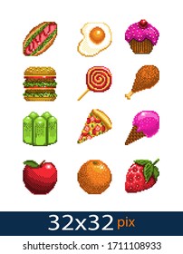 pixel style food icons. Vector illustration 32x32 pix