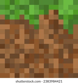 Pixel Style Game Dirt and Grass Block Vector Texture. Game Ground Pixelated Seamless Background. Minecraft Style Vector Illustration. 8-bit Pixel Art.