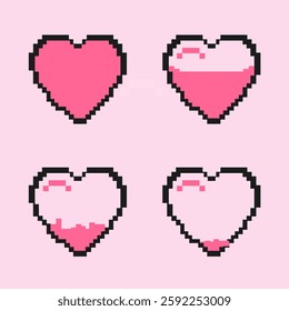 Pixel style game life bar set. Pixel heart icon, pixel heart for game. Pink heart for life symbol in game. Vector illustration