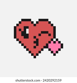 Pixel style heart emoji. Face blowing a kiss vector illustration. 90s style emoticon. Red vintage love emoticons flat design with outline. Express love emotion. Pixelated retro game 8 bit design.  svg