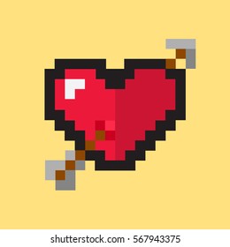 Pixel style heart on pink seamless color background. Arrow pierces the cartoon heart. Trendy picture to Valentine's Day. Game picture.