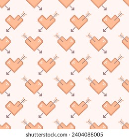 Pixel style hearts with arrow seamless pattern