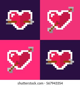 Pixel style hearts color background. Arrow pierces the cartoon heart. Trendy picture to Valentine's Day.
