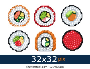 Pixel style icon seafood rolls. Vector illustration 32x32 pix