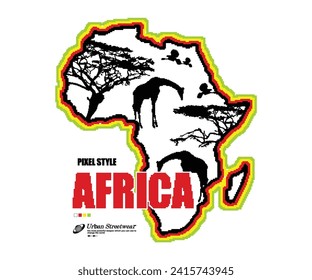 Pixel style illustration of africa map t shirt design, vector graphic, typographic poster or tshirts street wear and Urban style