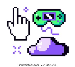Pixel style illustration featuring a green game controller, white pointing hand cursor, and purple cloud on a white background. Concept of gaming and digital cloud. Vector illustration