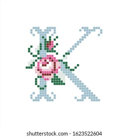 Pixel style letter K pale blue color with flower. Isolated vector illustration.