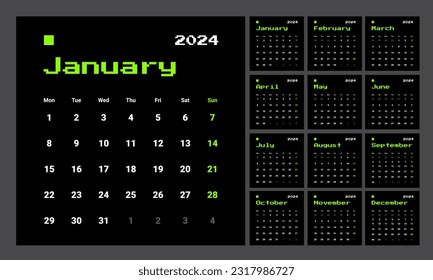 Pixel style monthly calendar template for 2024 year. English annual calendar. Week starts on Monday. Set of 12 months. 90s style design with letters, typography on black background. Y2K modern style