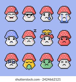 Pixel style mushroom sticker emoji set. Cartoon character fly agaric. 90s retro gaming aesthetic. Pixelated vintage computer game 8 bit design. Nostalgic classic video game flat design element.