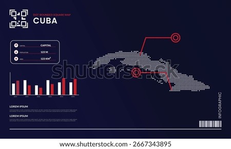 Pixel style rounded square dot Cuba map with infographic template