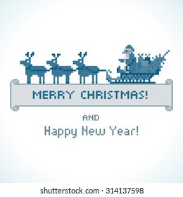 Pixel style Santa Claus in a sleigh, vector