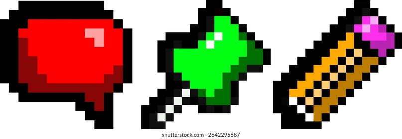 Pixel style set featuring a red speech bubble, green heart-shaped pin, and short pencil with pink eraser on clean white background. Concept of productivity and planning apps, digital icon sets