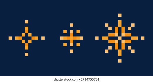 Estilos de pixel brilho e ícones flash conjunto com brilho starburst e efeitos de brilho. Símbolo de férias retro de 8 bits para aplicativos móveis e web, jogos, notificações.