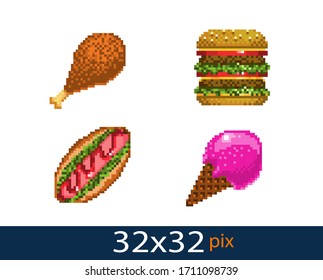 pixel style street food icons. Vector illustration 32x32 pix