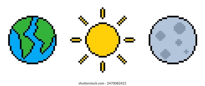 pixel style sun, moon and earth vector