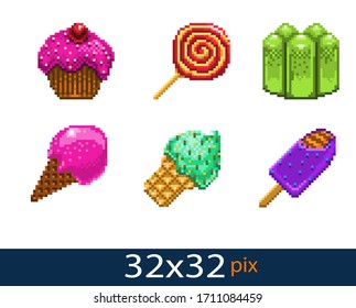 pixel style sweets icons. Vector illustration 32x32 pix