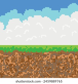 Pixel style vector illustration landscape with sky grass and ground.