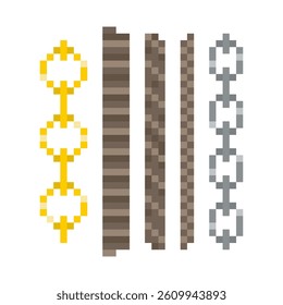 Pixel style vector set of ropes and chains. Includes metal, gold, and twisted cords. Perfect for retro games, crafting interfaces, inventory icons, or medieval asset packs