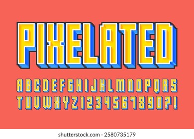 Pixel stylized vector alphabet design. High contrast and sharp, retro-futuristic. Easy swatch color control.