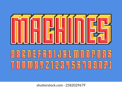 Pixel stylized vector alphabet design. High contrast and sharp, retro-futuristic. Easy swatch color control.