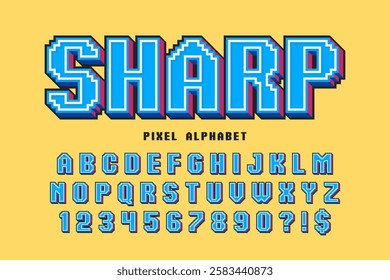 Pixel stylized vector alphabet design. High contrast and sharp, retro-futuristic. Easy swatch color control.