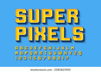 Pixel stylized vector alphabet design. High contrast and sharp, retro-futuristic. Easy swatch color control.