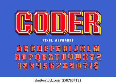 Pixel stylized vector alphabet design. High contrast and sharp, retro-futuristic. Easy swatch color control.