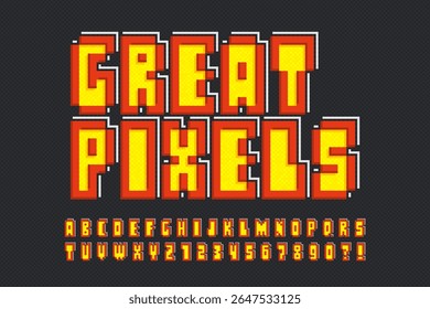 Pixel stylized vector alphabet design. High contrast and sharp, retro-futuristic. Easy swatch color control.