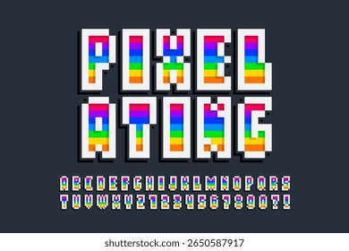 Pixel stylized vector alphabet design. High contrast and sharp, retro-futuristic. Easy swatch color control.