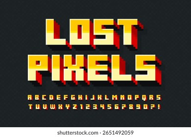 Pixel stylized vector alphabet design. High contrast and sharp, retro-futuristic. Easy swatch color control.