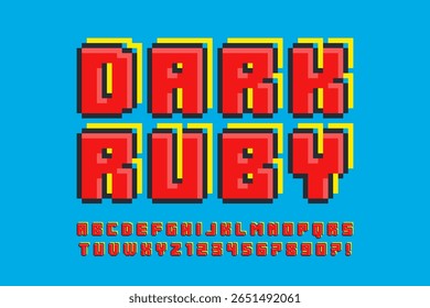 Pixel stylized vector alphabet design. High contrast and sharp, retro-futuristic. Easy swatch color control.