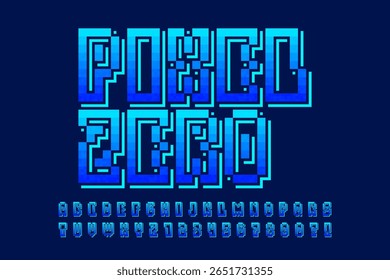 Pixel stylized vector alphabet design. High contrast and sharp, retro-futuristic. Easy swatch color control.