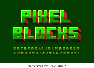 Pixel stylized vector alphabet design. High contrast and sharp, retro-futuristic. Easy swatch color control.