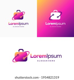 Vorlage für Logo-Designs von Pixel-Koffer, Koffer-Logo-Designs mit Technologie-Symbol, Vektorgrafik