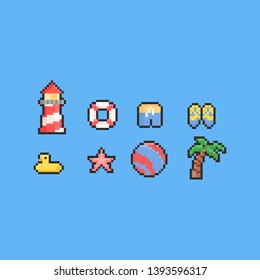 Pixel summer beach elements set.8bit.