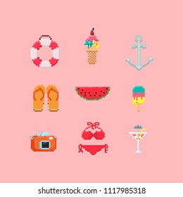 Pixel summer elements set.8bit vector.