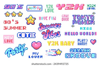 Pixel Summer Quotes: 8-Bit Art Prints - Retro Gamer Vibes, Tokyo Love, Hello World, 80s Geek Chic, Y2K Style Icons, Happy Kisses, Summertime Fun, Vintage Video Game Aesthetics, Cute Text Stickers.