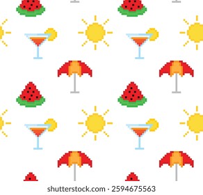  pixel summer Seamless Pattern vector sun cocktail watermelon  umbrella background  pixel art for 8 bit game