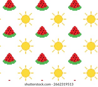  pixel verão padrão sem costura vetor sol coquetel melancia guarda-chuva de fundo pixel art para o jogo de 8 bits