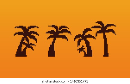 Pixel summer sunset beach coconut tree set.8bit.