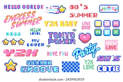 Pixel Summer Text Prints: 8Bit Beach Party Quote Collection - Retro Y2K Vibes, Sticker and Text Labels - Endless Summer, 80s 90s, Cutie, Party, New love, High Level.