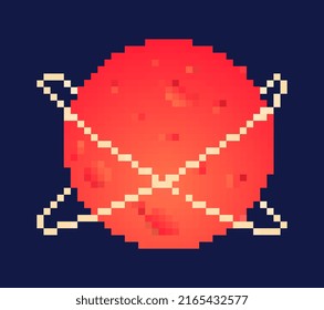 Pixel sun concept. Red planet with two rings. Astrology and astronomy. Space body, galaxies and universe. Retro sticker for social media, element for game development. Cartoon flat vector illustration