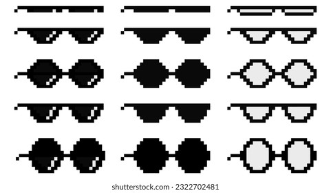 Pixel Sunglasses collection. Set of Different pixel glasses icons. Vector illustration in flat design