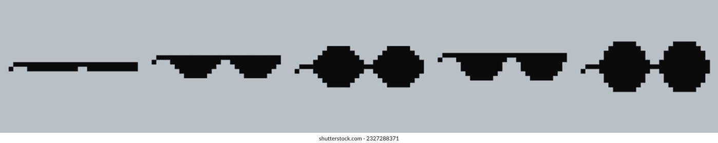 Pixel Sunglasses collection. Set of Different pixel glasses icons. Vector illustration in flat design