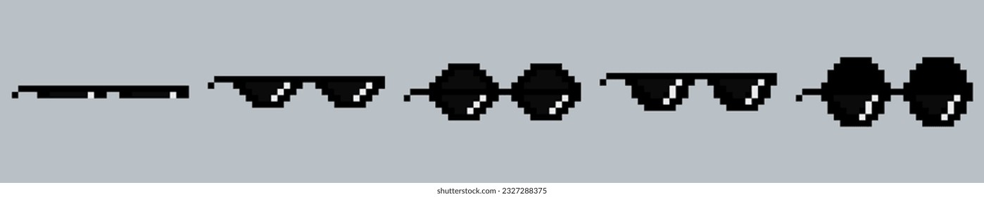 Pixel Sunglasses collection. Set of Different pixel glasses icons. Vector illustration in flat design