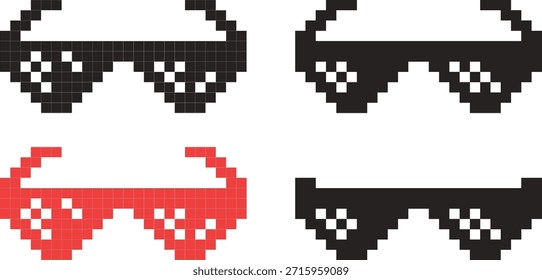 Pixel sunglasses icon in modern flat style. Trendy glasses vector illustration isolated on transparent background. Retro party accessory perfect for memes, fun designs, and digital projects.
