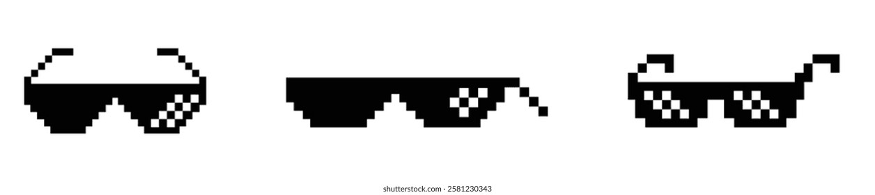 Pixel sunglasses icon set in black and white. Meme-inspired thug life, gangster, funky retro gaming style. Vector illustration.