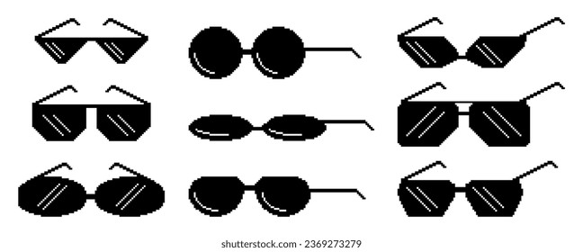 Pixel Sunglasses Icons Set, Stylish And Minimalist Representations Of Eyewear , Characterized By Different Shapes And Pixelated Design, Adding A Retro Touch To Digital Imagery. Vector Illustration