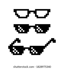 Pixel sunglasses set isolated on a white background, vector icon. Black silhouette sunglasses.